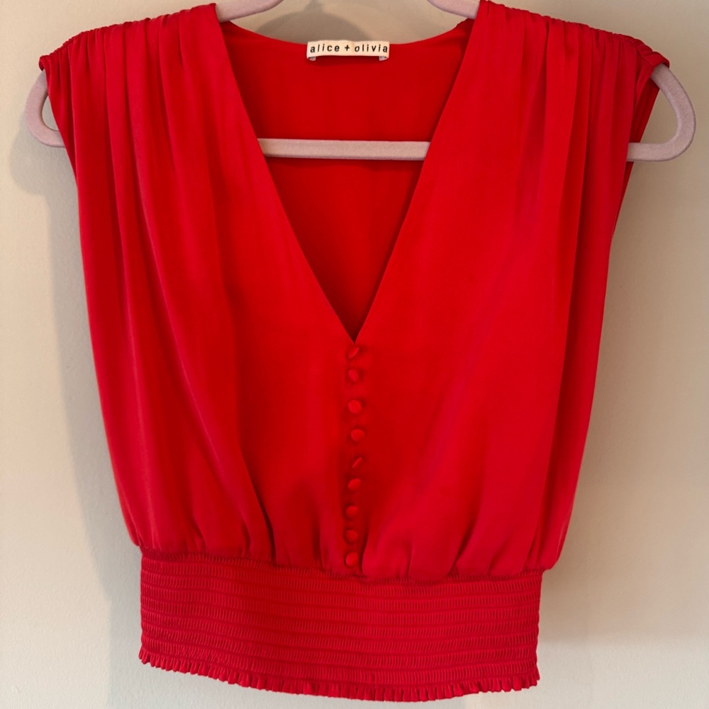 Alice + Olivia Loretta smocked sleeveless cherry red silk top.